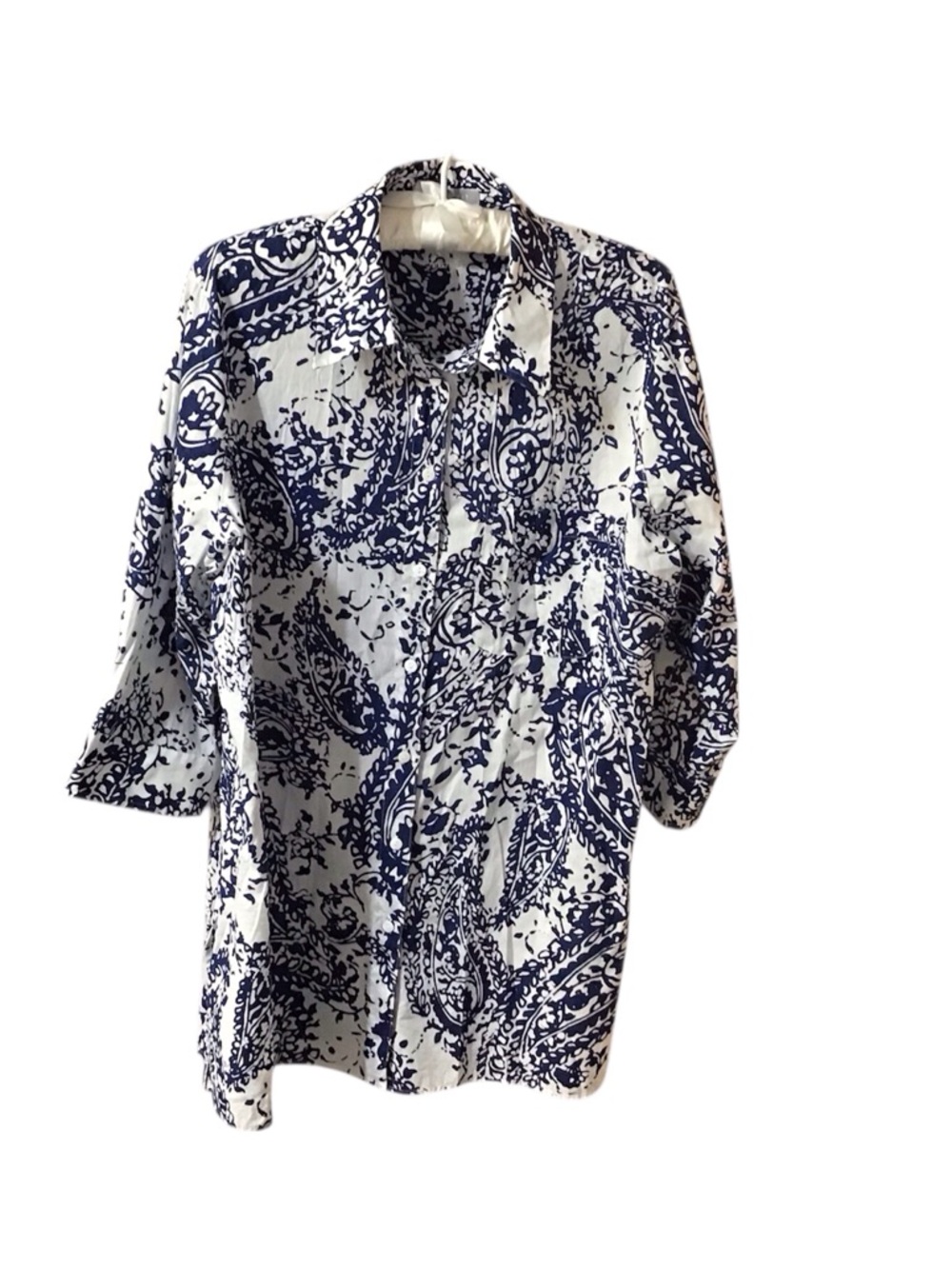 Foxcroft White and Navy Button-Front Blouse, 100% Cotton, Hip Length, 16W